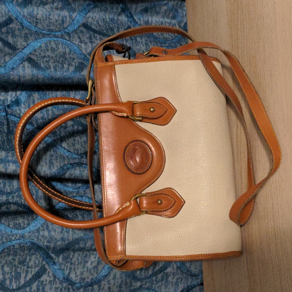 SOLD Dooney & Bourke London Tan and Cream Satchel with Vintage Charm Crossbody - Picture 1 of 8
